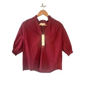 PINCH Burgundy Ruffled Neck V-Neck 3/4 Sleeve Cotton Blouse Top Size M Office